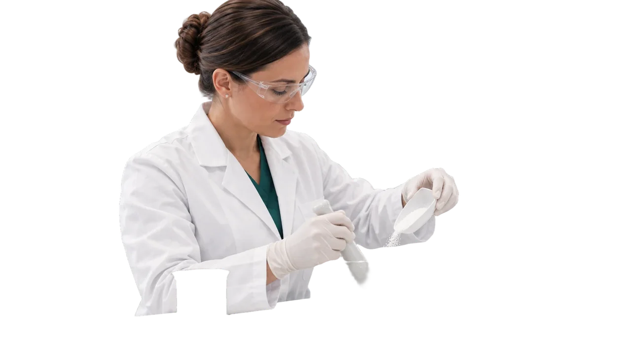 A pharmacist compounding a personalised formulation in a licensed laboratory