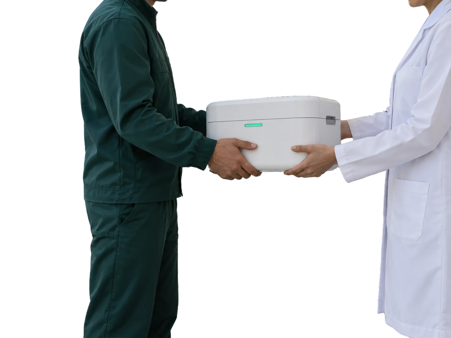 A courier hands a temperature-controlled medical case to a clinic in Dubai